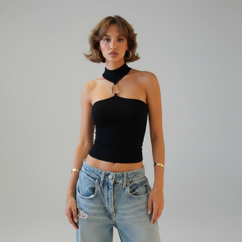 Women's Solid Color Slim Fit Crop Top With Halter Neck